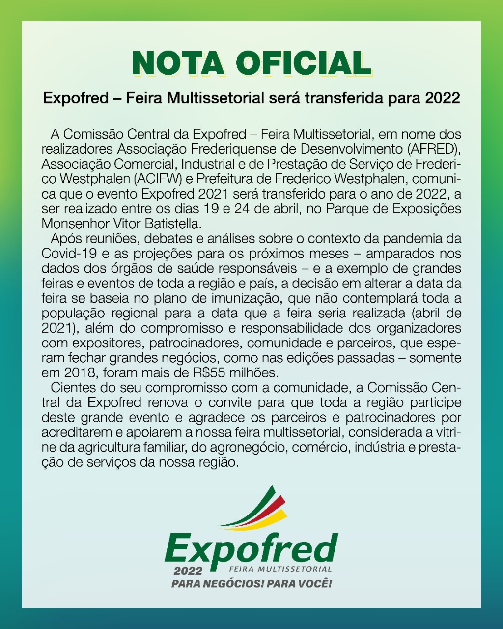 Expofred – Feira Multissetorial será transferida para 2022